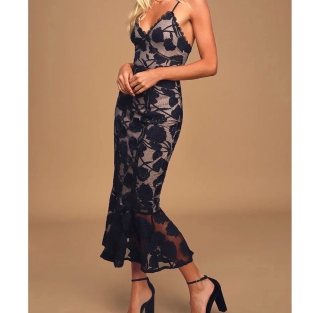 Navy Blue Floral Mesh Lace Trumpet Midi Dress